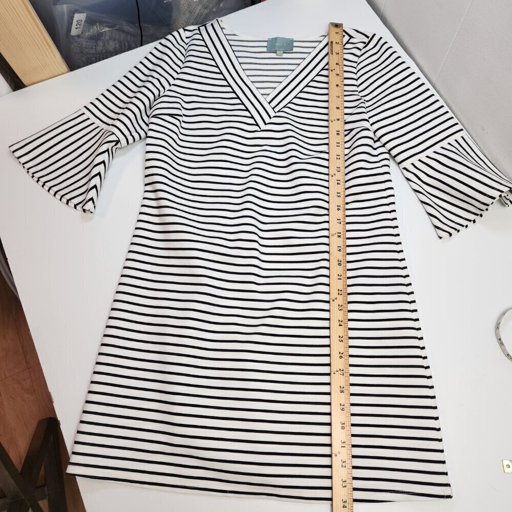 Skies Are Blue Black White Striped V Neck 3/4 Sleeve Tunic Shift Dress Women's M - Picture 12 of 12